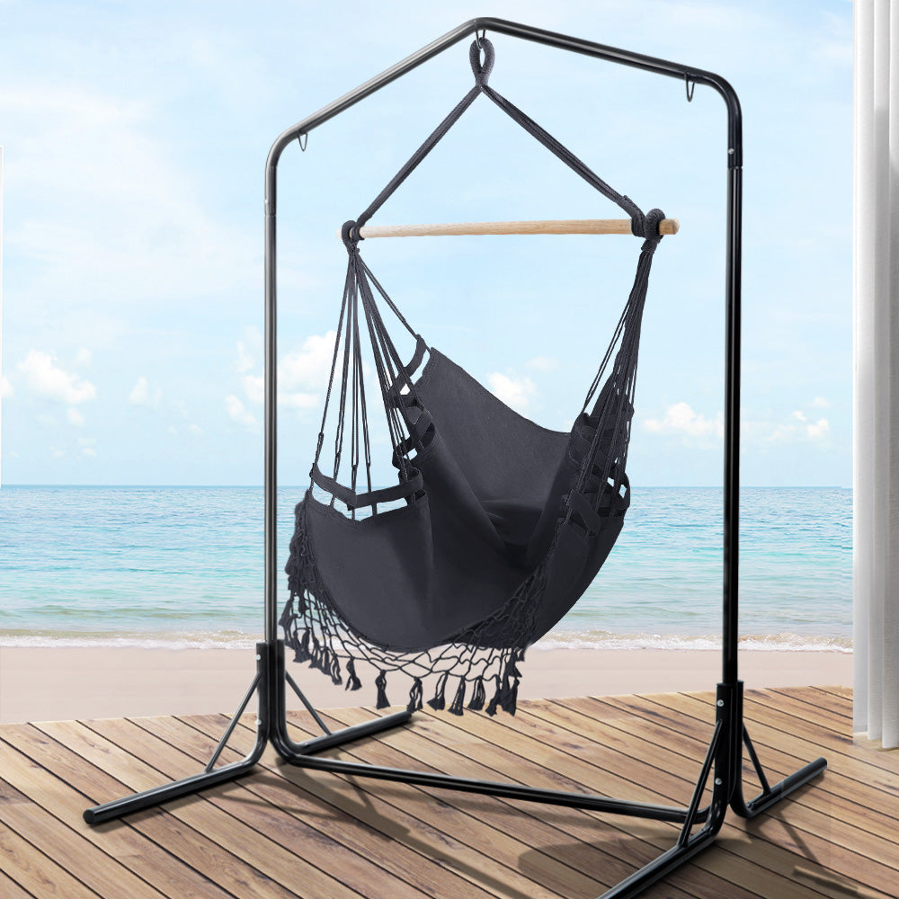 Gardeon Outdoor Hammock Chair with Stand Tassel Hanging Rope Hammocks Grey 8