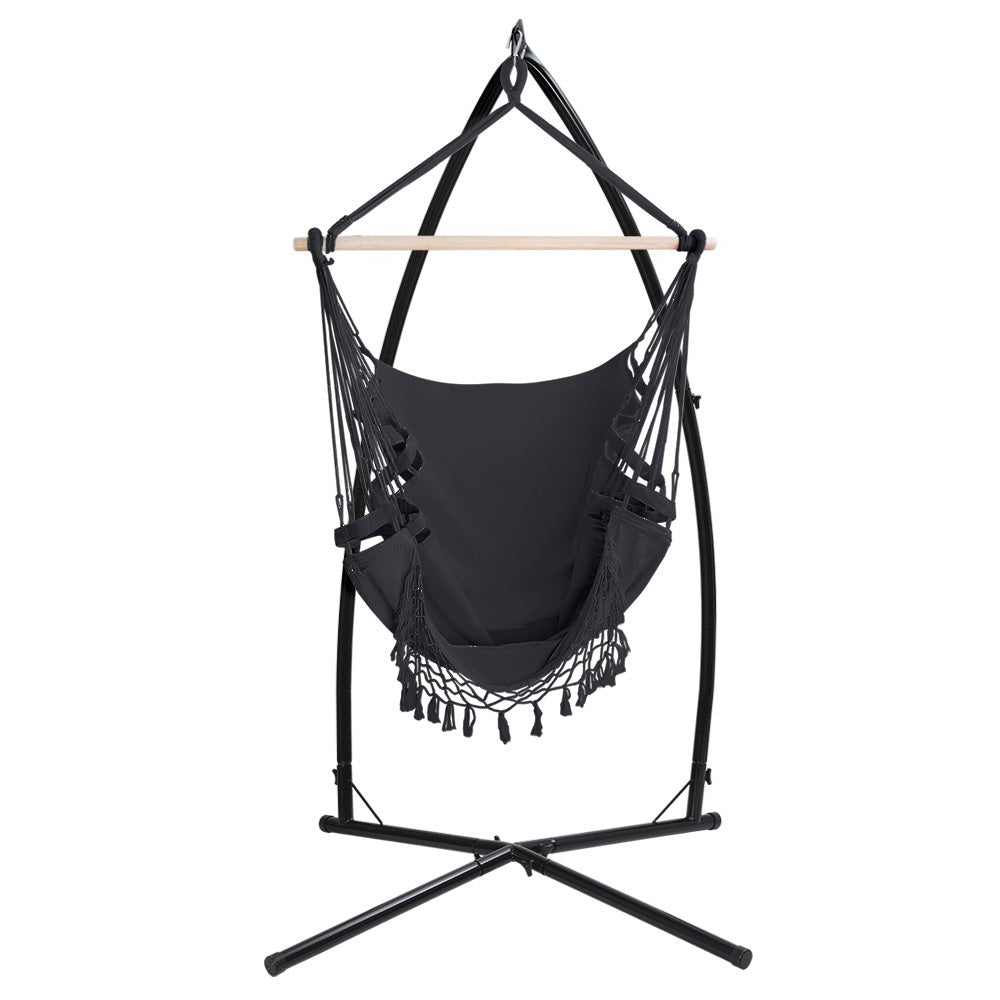 Gardeon Hammock Chair with Steel Stand Hanging Outdoor Tassel Grey 3