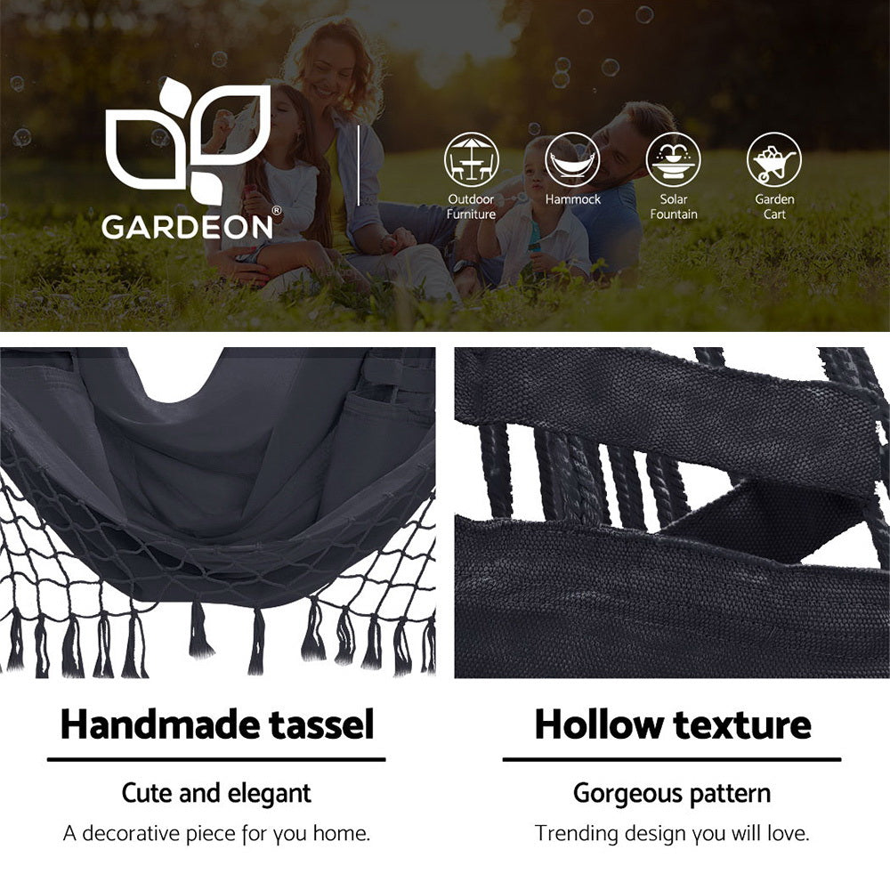Gardeon Hammock Chair with Steel Stand Hanging Outdoor Tassel Grey 4