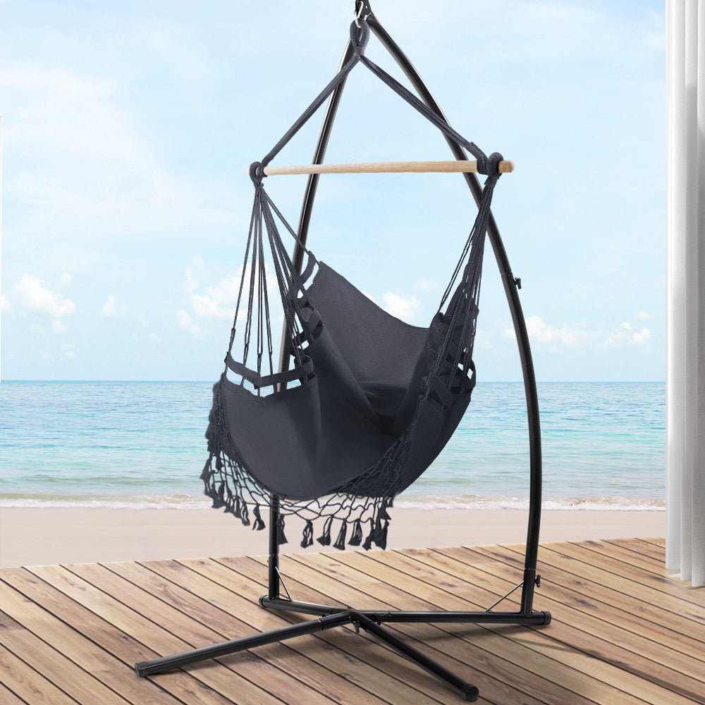Gardeon Hammock Chair with Steel Stand Hanging Outdoor Tassel Grey 8