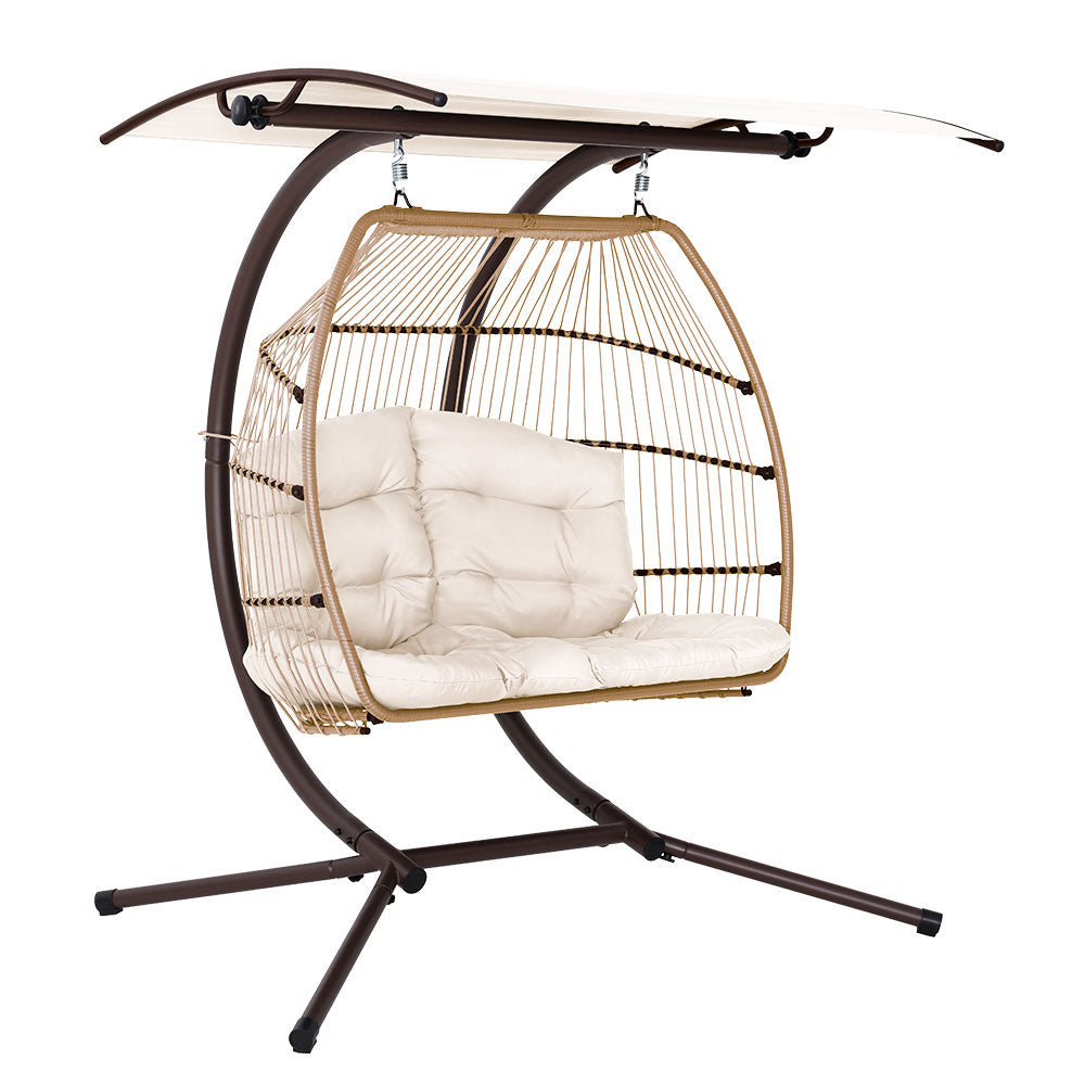 Gardeon Outdoor Egg Swing Chair Wicker Furniture Pod Stand Canopy 2 Seater Latte 7