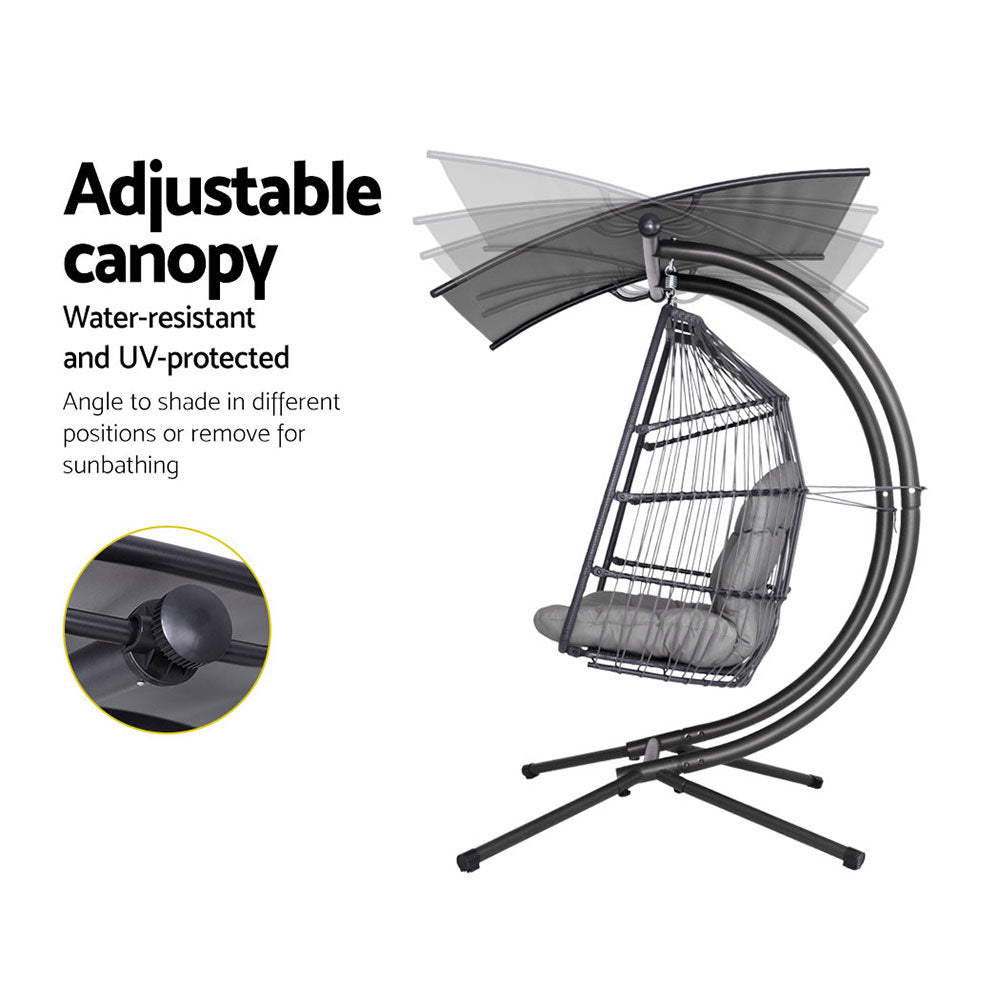 Gardeon Outdoor Egg Swing Chair Wicker Furniture Pod Stand Canopy 2 Seater Grey 5