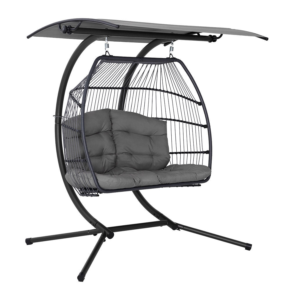 Gardeon Outdoor Egg Swing Chair Wicker Furniture Pod Stand Canopy 2 Seater Grey 7