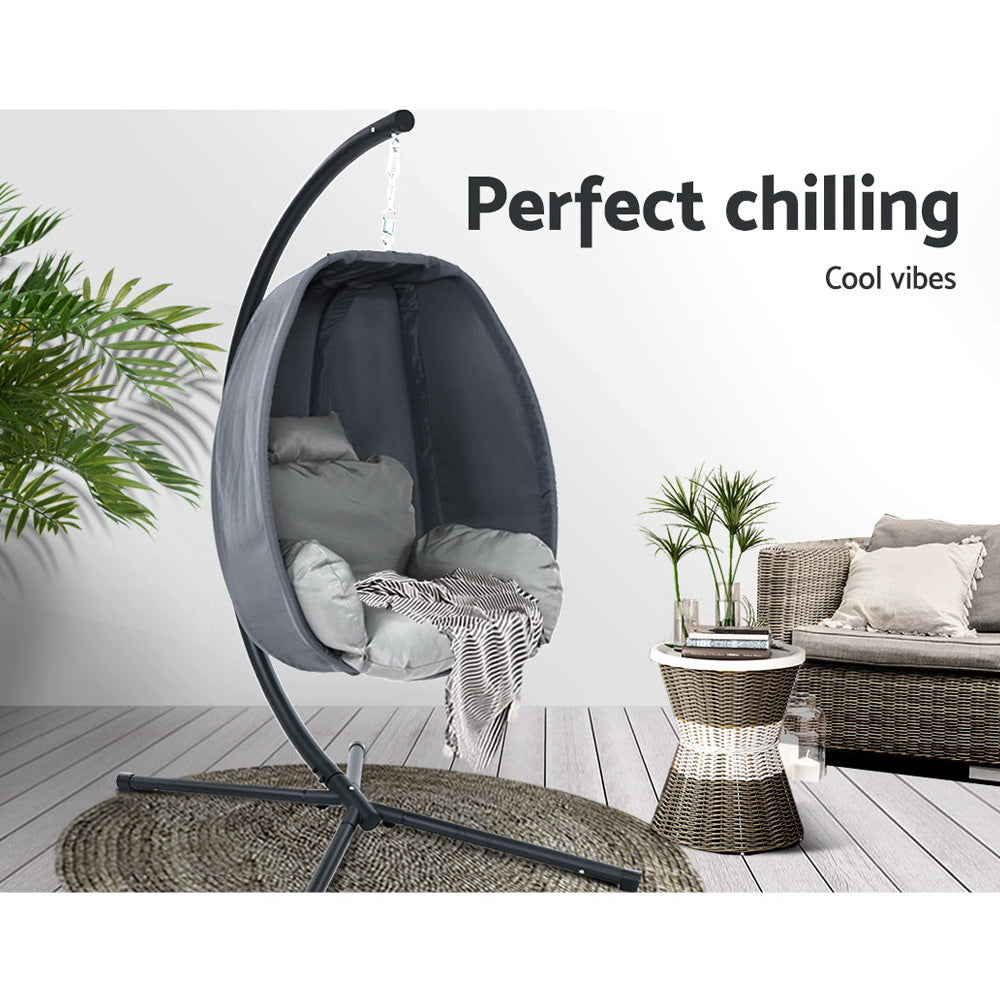 Gardeon Outdoor Egg Swing Chair Patio Furniture Pod Stand Canopy Foldable Grey 3