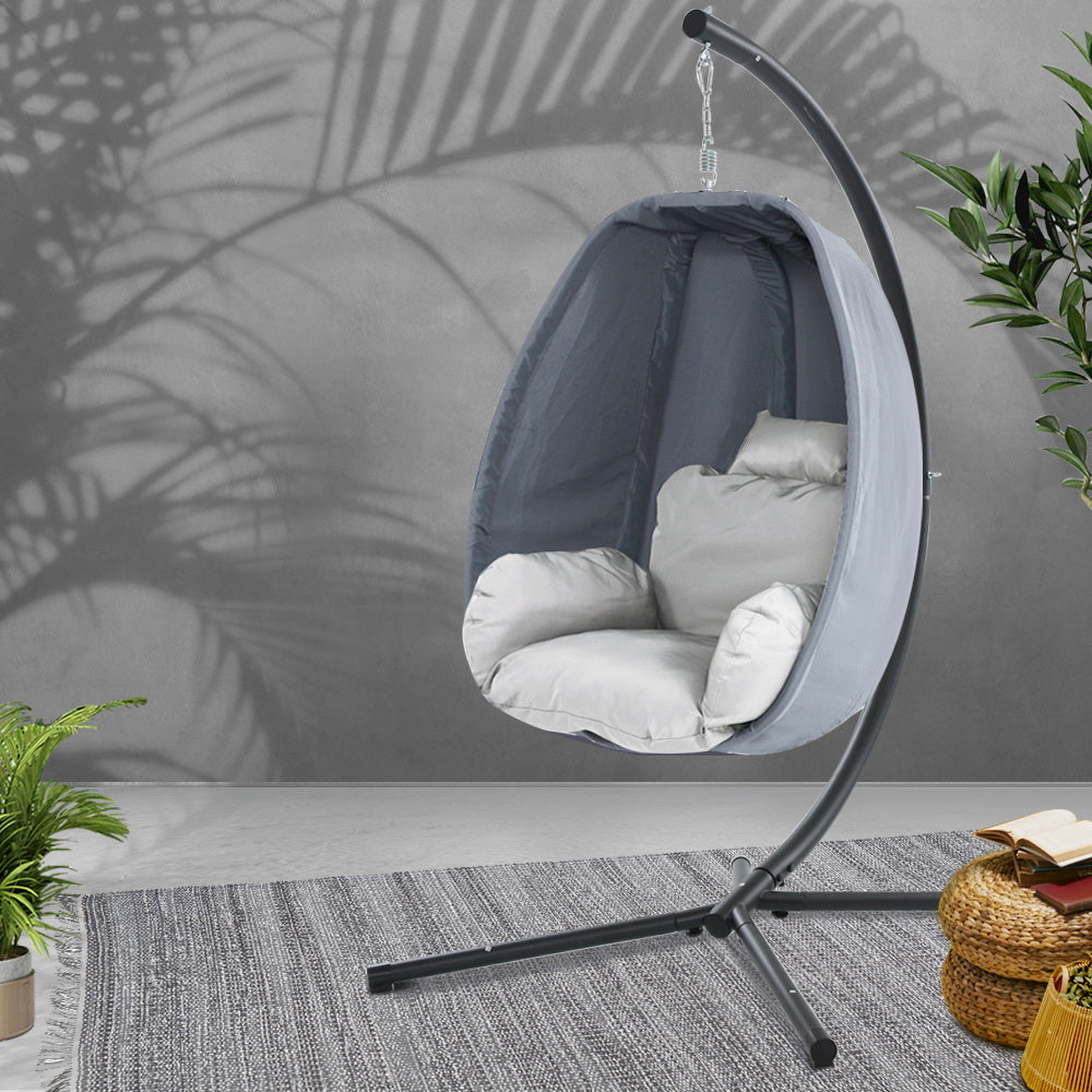 Gardeon Outdoor Egg Swing Chair Patio Furniture Pod Stand Canopy Foldable Grey 7
