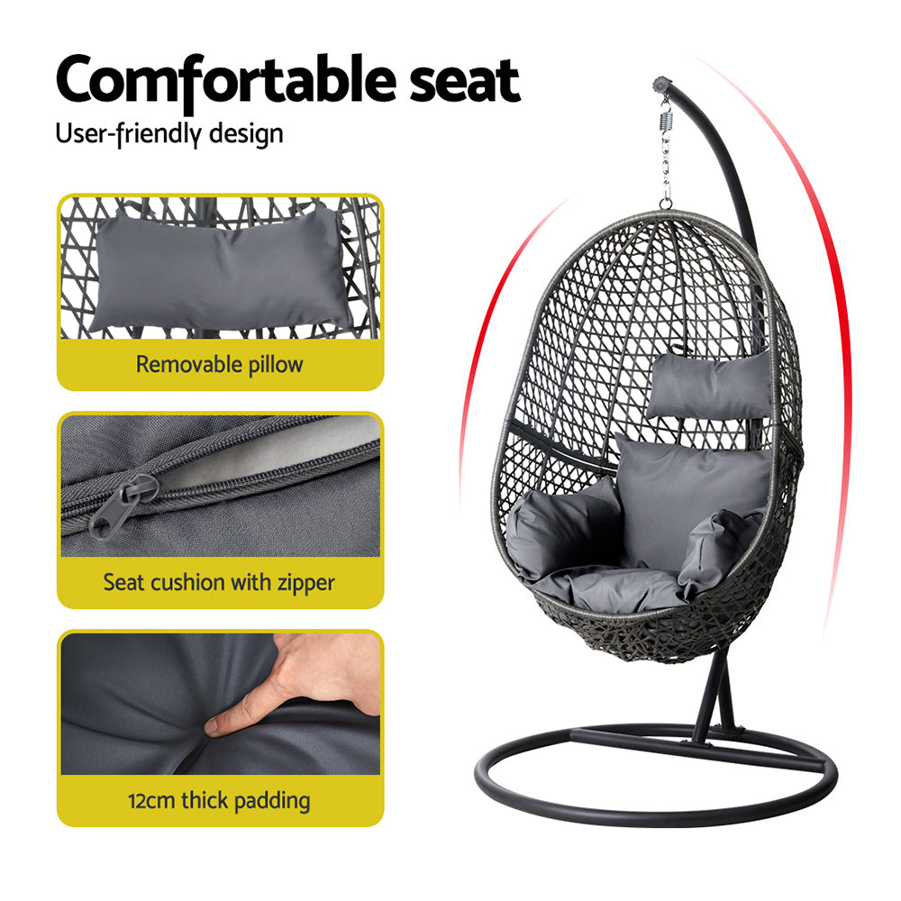 Gardeon Outdoor Egg Swing Chair Wicker Rattan Furniture Pod Stand Cushion Black 4