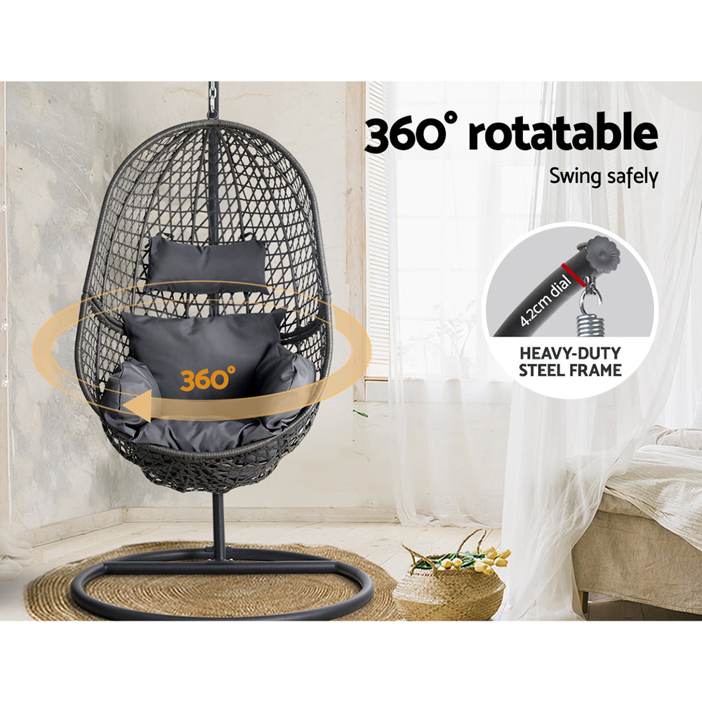 Gardeon Outdoor Egg Swing Chair Wicker Rattan Furniture Pod Stand Cushion Black 5