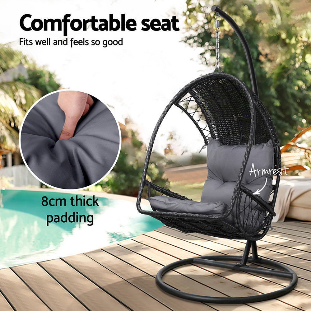 Gardeon Outdoor Egg Swing Chair Wicker Furniture Pod Stand Armrest Black 5