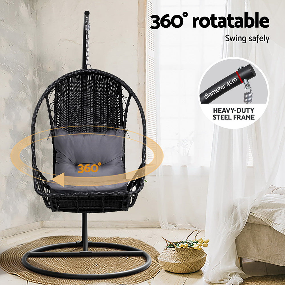 Gardeon Outdoor Egg Swing Chair Wicker Furniture Pod Stand Armrest Black 6