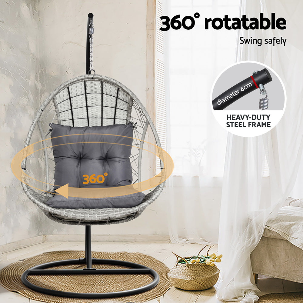 Gardeon Outdoor Egg Swing Chair Wicker Furniture Pod Stand Armrest Light Grey 6