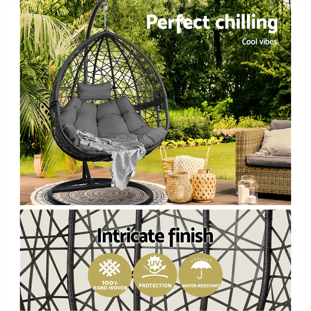 Gardeon Outdoor Egg Swing Chair Wicker Rattan Furniture Pod Stand Cushion Grey 4