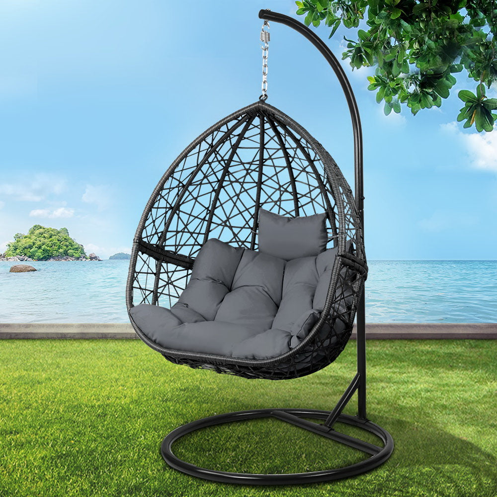 Gardeon Outdoor Egg Swing Chair Wicker Rattan Furniture Pod Stand Cushion Grey 7