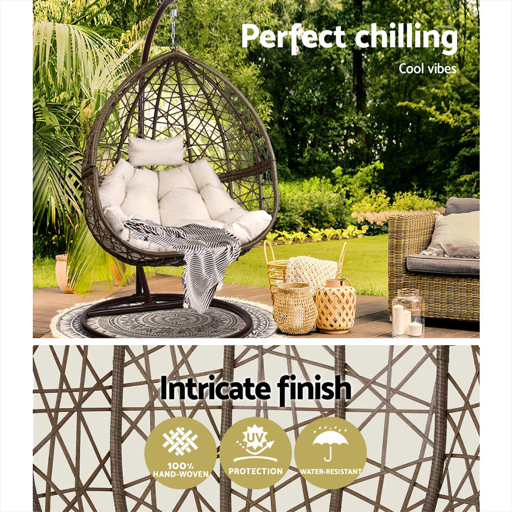 Gardeon Outdoor Egg Swing Chair Wicker Rattan Furniture Pod Stand Cushion Latte 4