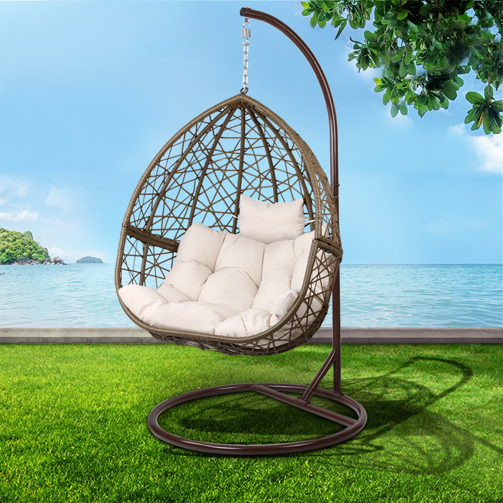Gardeon Outdoor Egg Swing Chair Wicker Rattan Furniture Pod Stand Cushion Latte 7