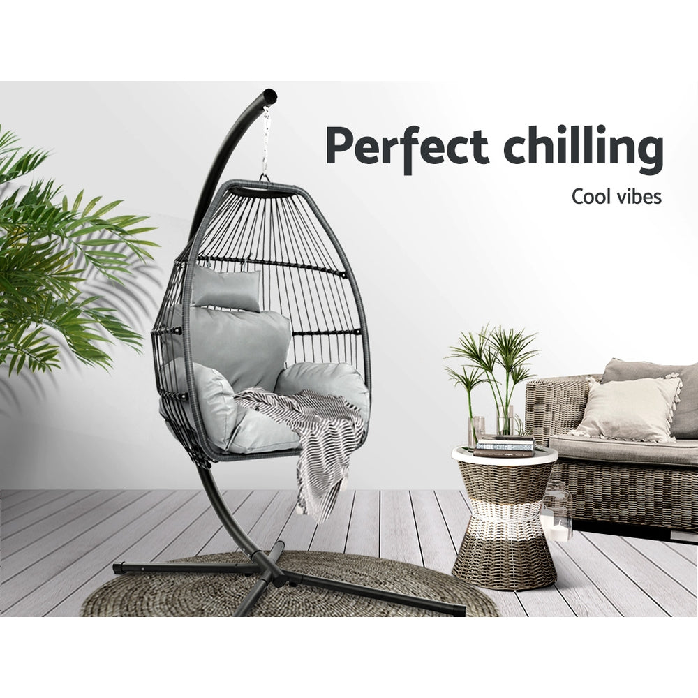 Gardeon Outdoor Egg Swing Chair Wicker Rope Furniture Pod Stand Cushion Grey 3