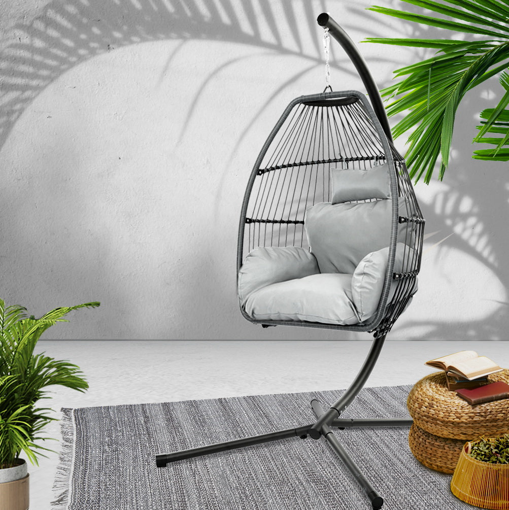 Gardeon Outdoor Egg Swing Chair Wicker Rope Furniture Pod Stand Cushion Grey 7