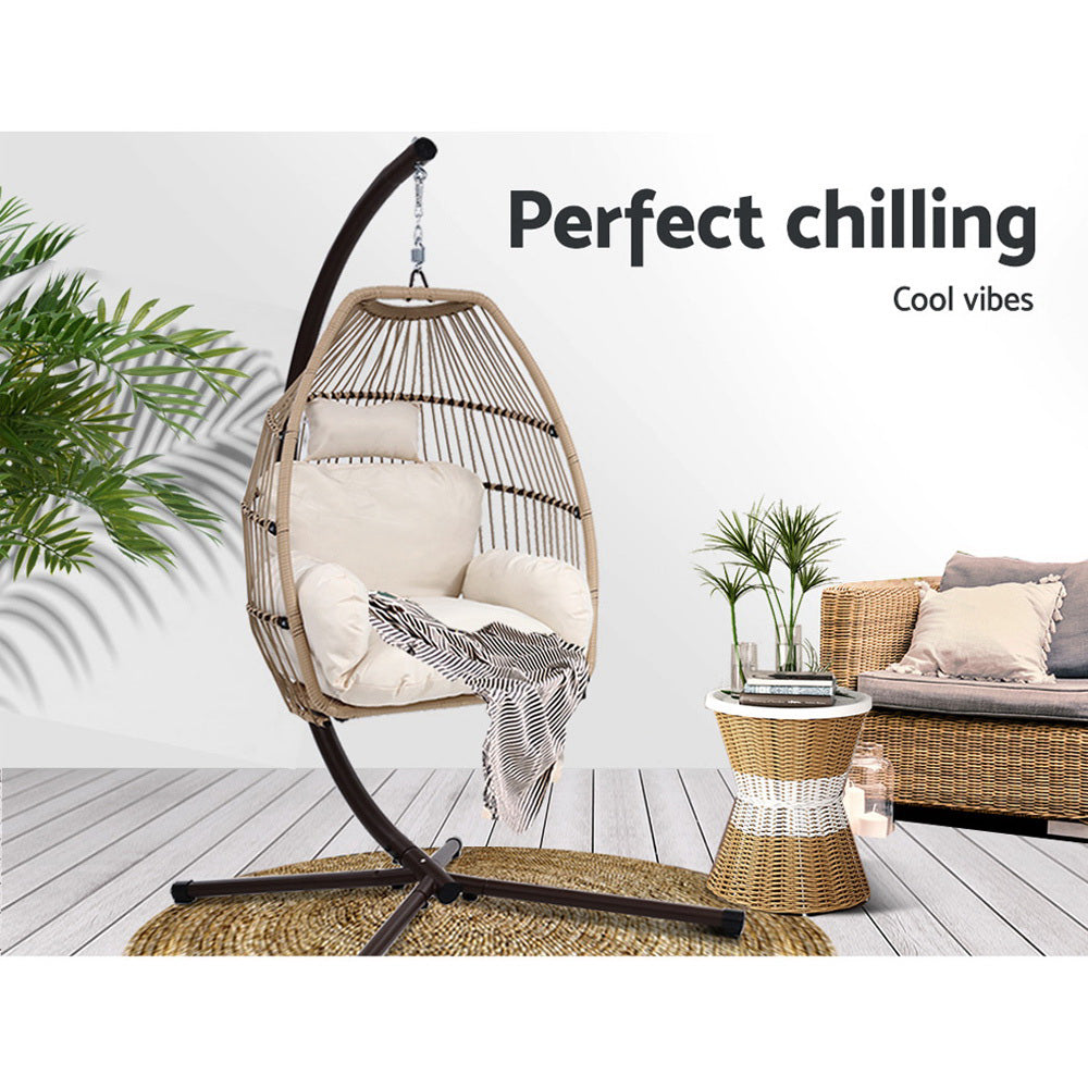 Gardeon Outdoor Egg Swing Chair Hanging Chair Wicker Rope Pod Stand Cushion Latte 3