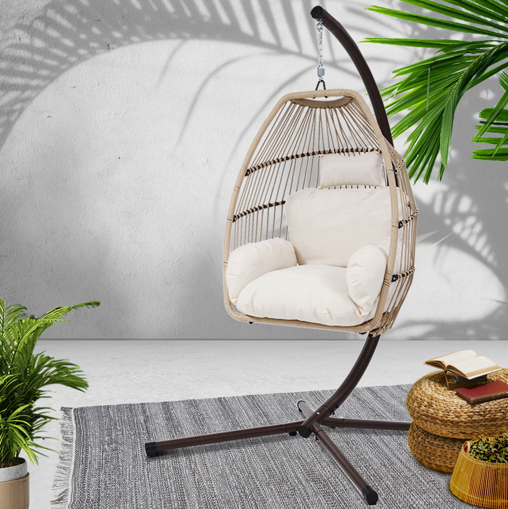 Gardeon Outdoor Egg Swing Chair Hanging Chair Wicker Rope Pod Stand Cushion Latte 7