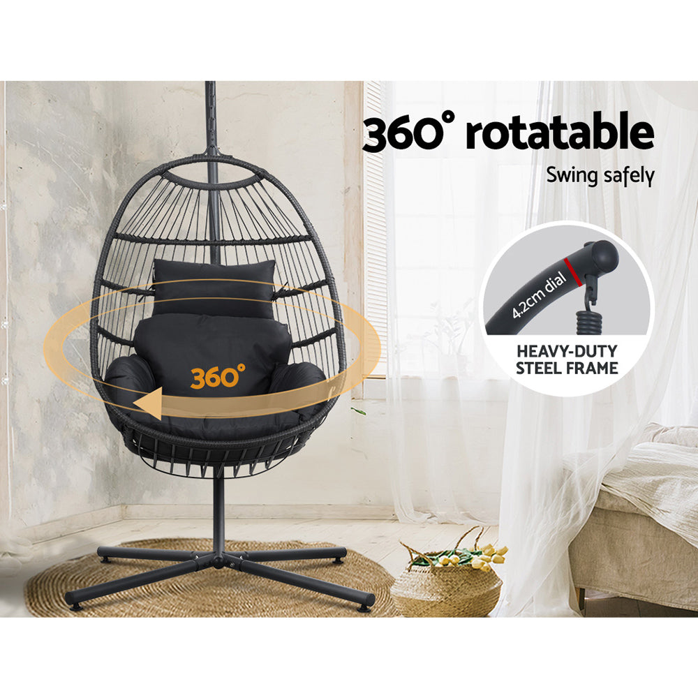 Gardeon Outdoor Egg Swing Chair Hanging Chair Wicker Rope Pod Stand Foldable Grey 5