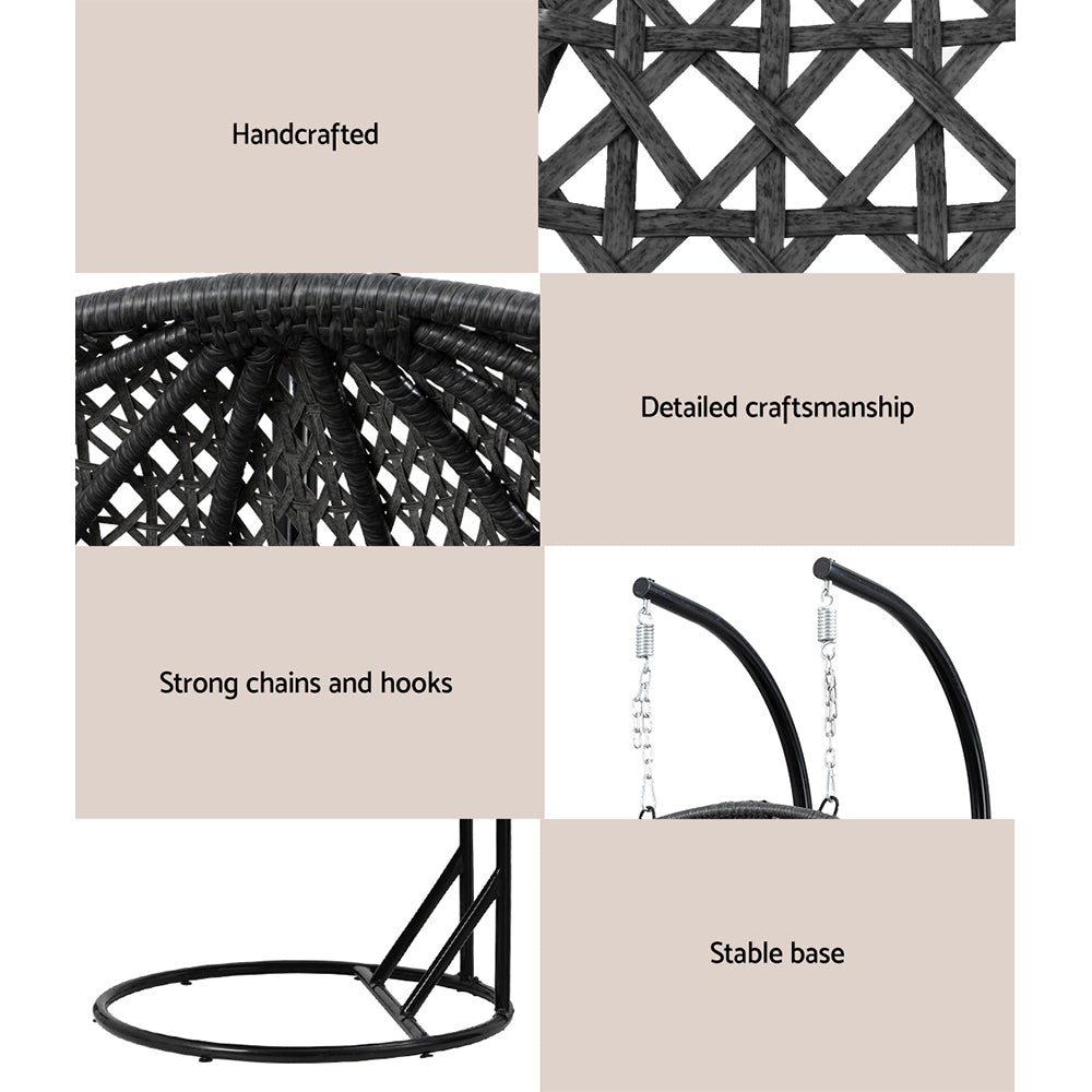 Gardeon Outdoor Egg Swing Chair Wicker Furniture Pod Stand Cushion 2 Seater Grey 6