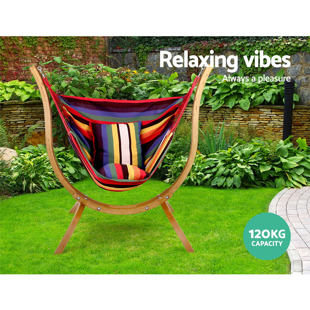 Gardeon Hammock Chair Timber Outdoor Furniture Camping with Wooden Stand 3