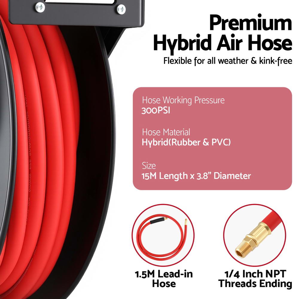 Giantz Air Hose Reel 3/8 IN x 15m Retractable Air Hose 300PSI 6