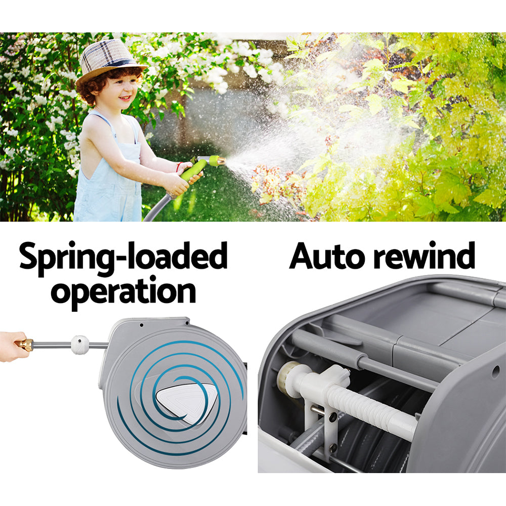 Water Hose Reel 20M Retractable Auto Rewind Garden Brass Spray Gun 5