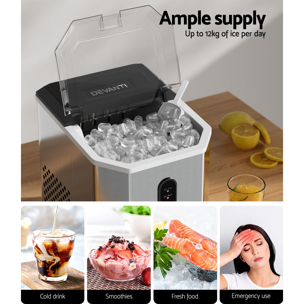 Devanti Portable Ice Maker Machine Ice Cube 12kg Bar Countertop Stainless Steel 5