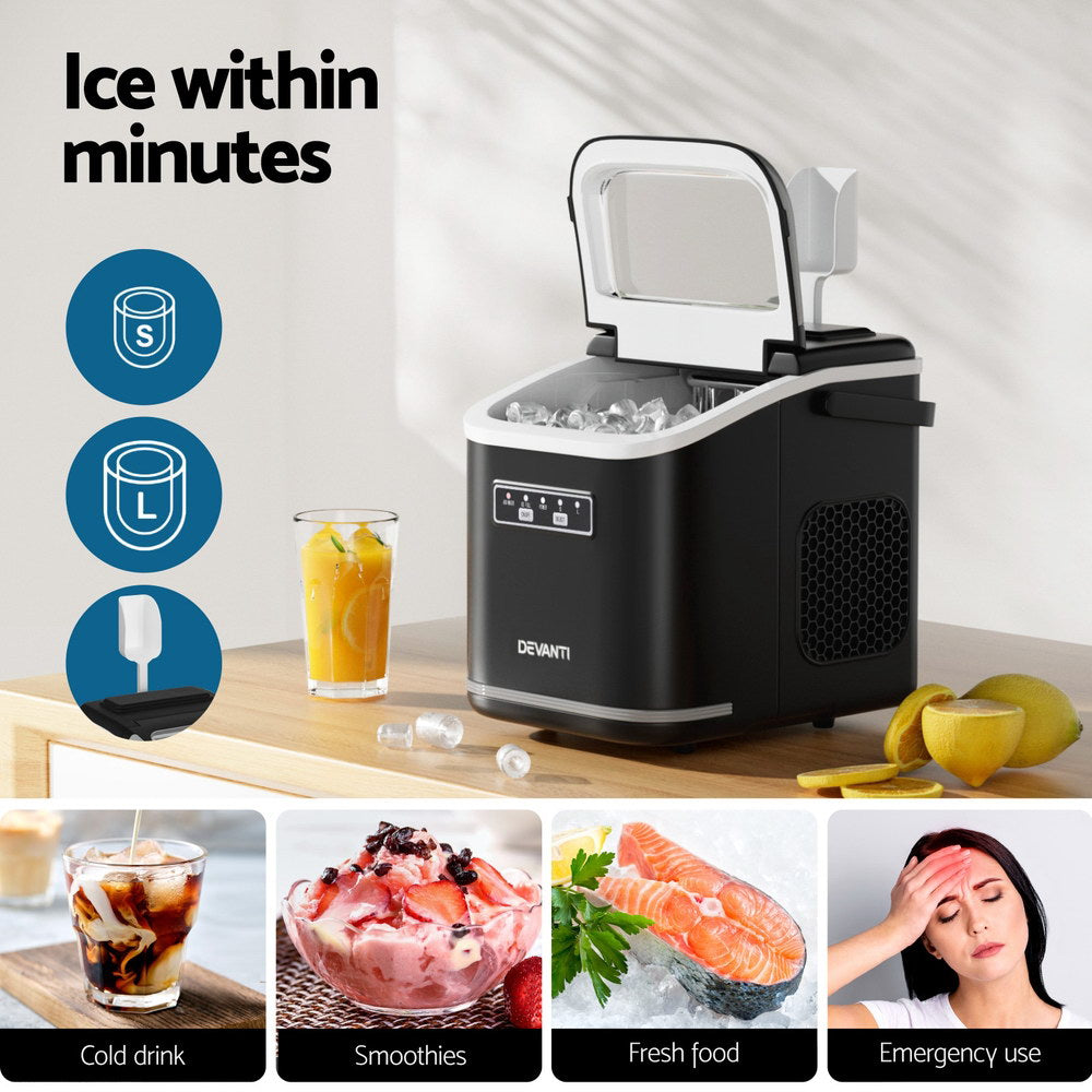 Devanti Ice Maker Machine Portable 12kg Countertop w/Self Cleaning 1.3L Black 4
