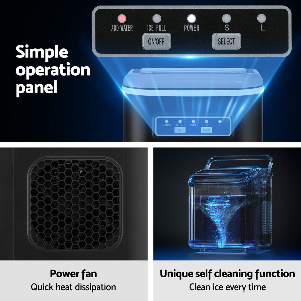 Devanti Ice Maker Machine Portable 12kg Countertop w/Self Cleaning 1.3L Black 6