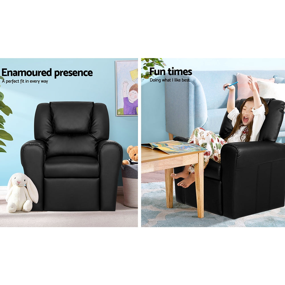 Keezi Kids Recliner Chair PU Leather Sofa Lounge Couch Children Armchair Black 4