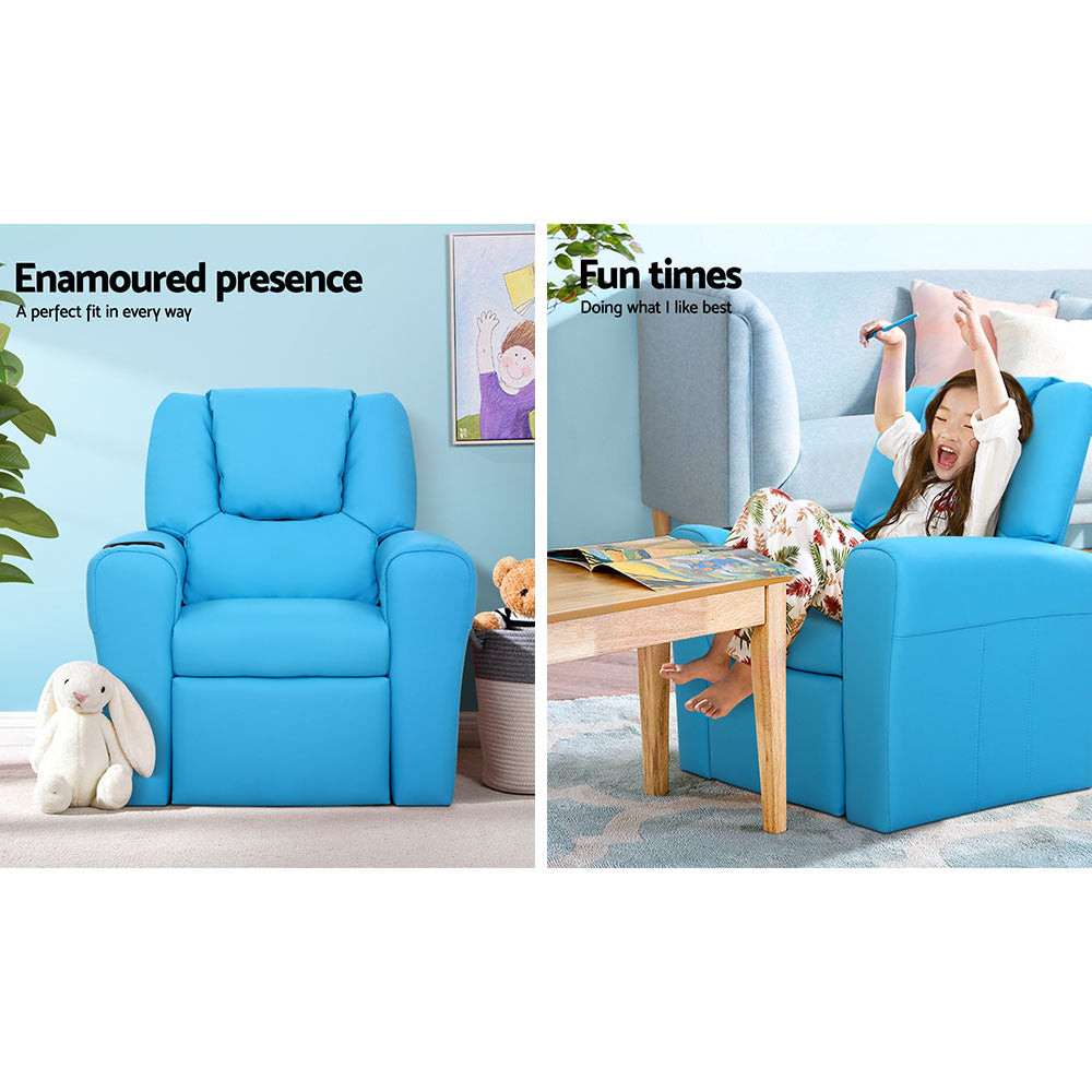 Keezi Kids Recliner Chair PU Leather Sofa Lounge Couch Children Armchair Blue 4