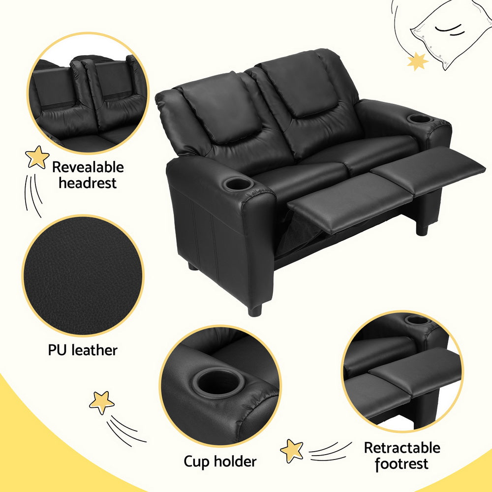Keezi Kids Recliner Chair Double PU Leather Sofa Lounge Couch Armchair Black 6
