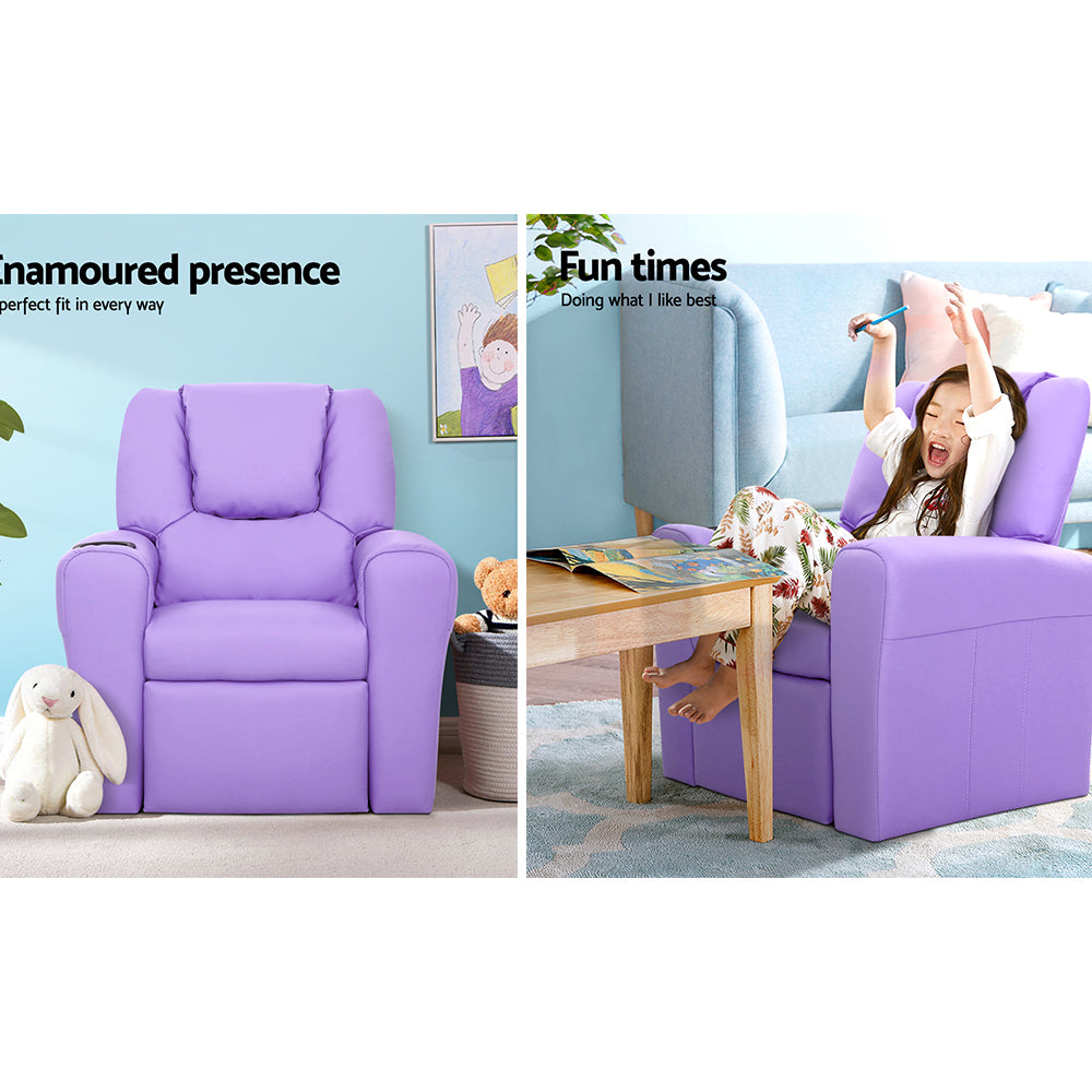 Keezi Kids Recliner Chair Purple PU Leather Sofa Lounge Couch Children Armchair 4