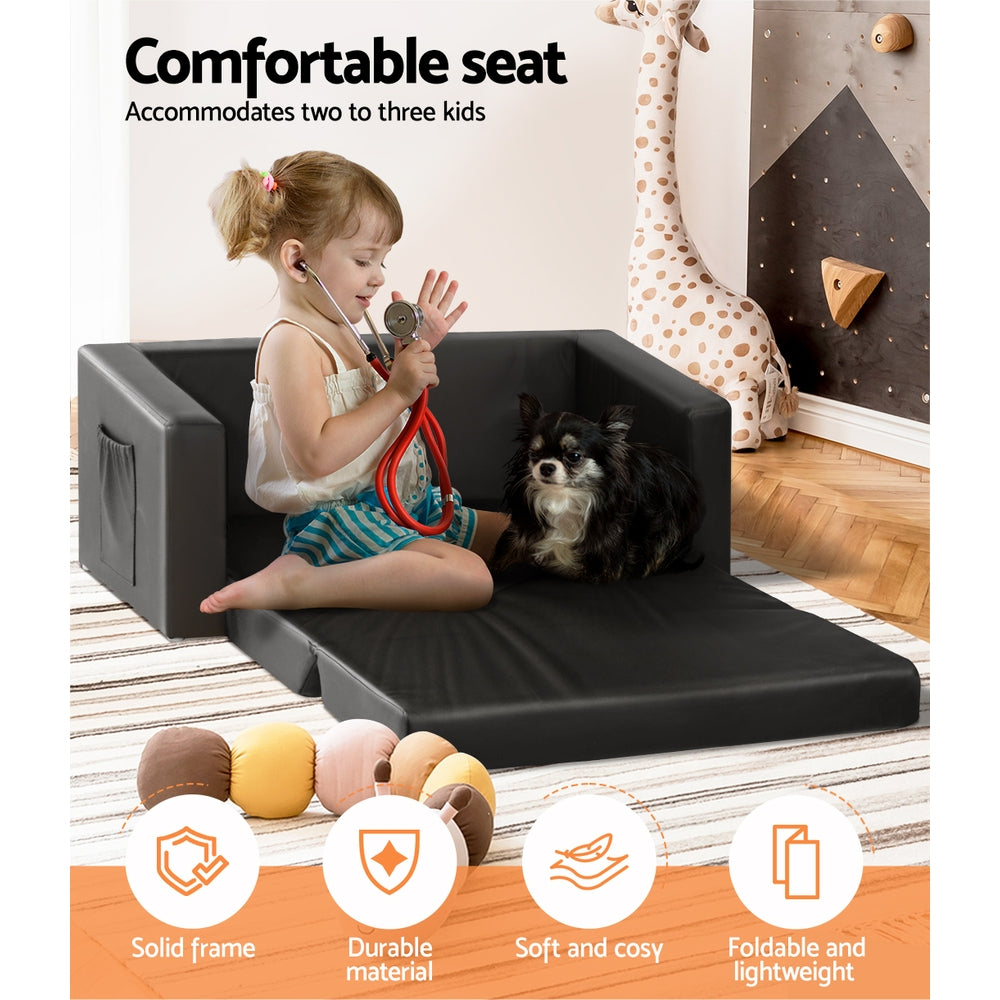 Keezi Kids Sofa 2 Seater Children Flip Open Couch PU Leather Armchair Black 5