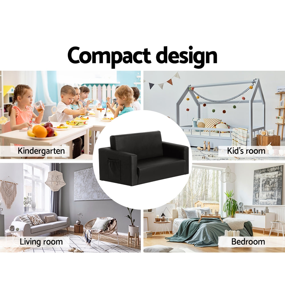 Keezi Kids Sofa 2 Seater Children Flip Open Couch PU Leather Armchair Black 7