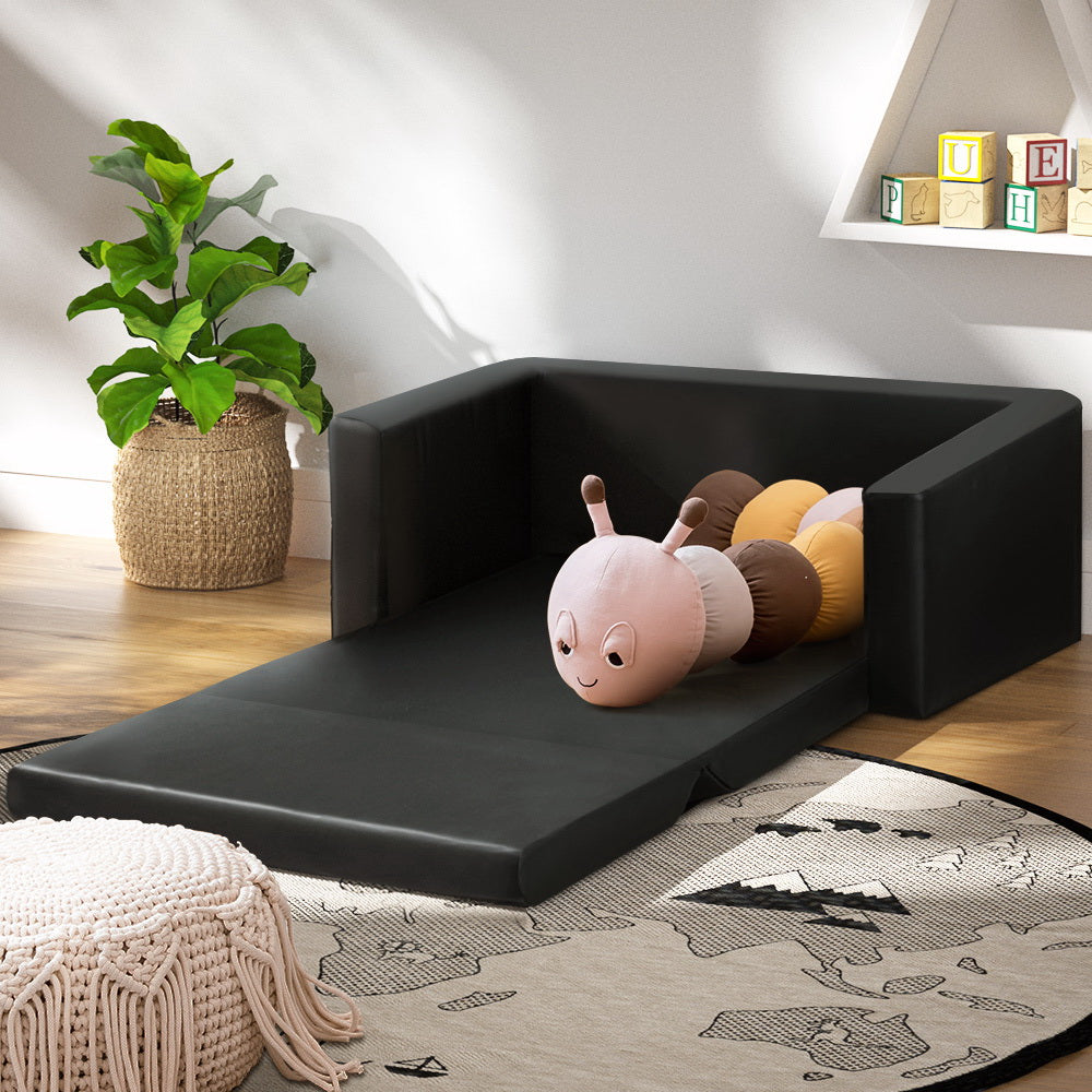 Keezi Kids Sofa 2 Seater Children Flip Open Couch PU Leather Armchair Black 8