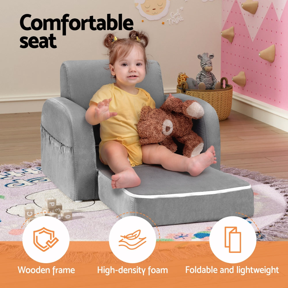 Keezi Kids Sofa 1 Seater Children Flip Open Couch Lounger Armchair Soft Grey 4
