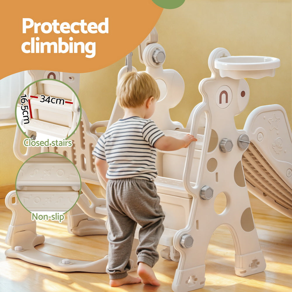 Keezi Kids Slide Swing Set Basketball Hoop Outdoor Playground Toys 160cm Beige 4