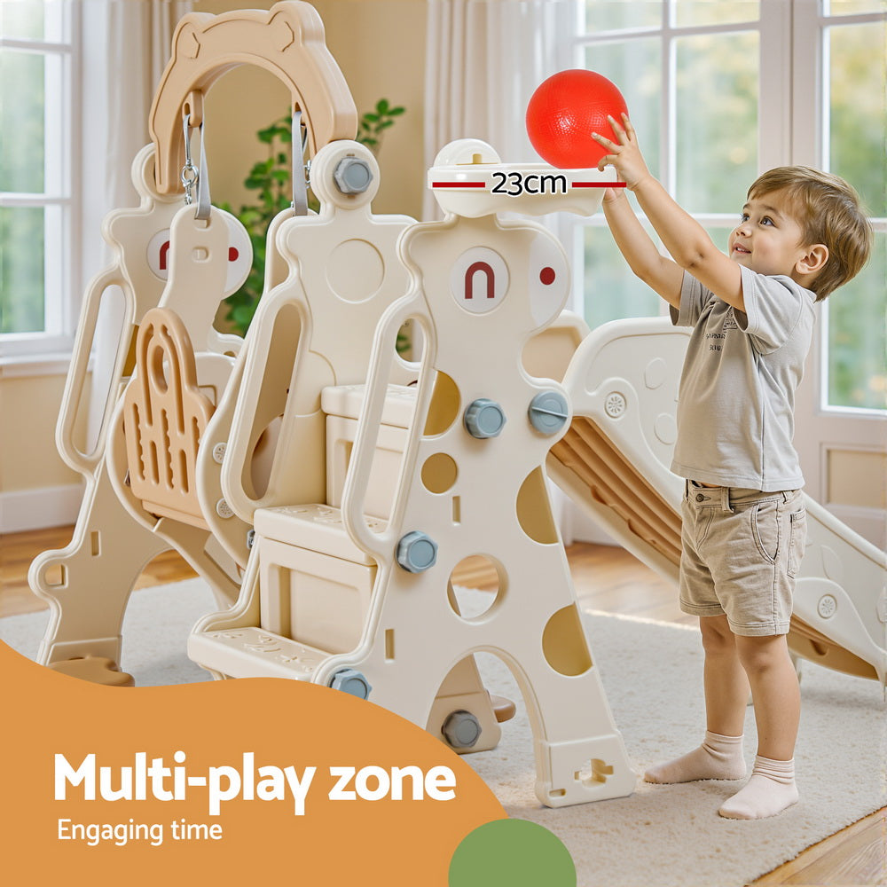 Keezi Kids Slide Swing Set Basketball Hoop Outdoor Playground Toys 160cm Beige 5