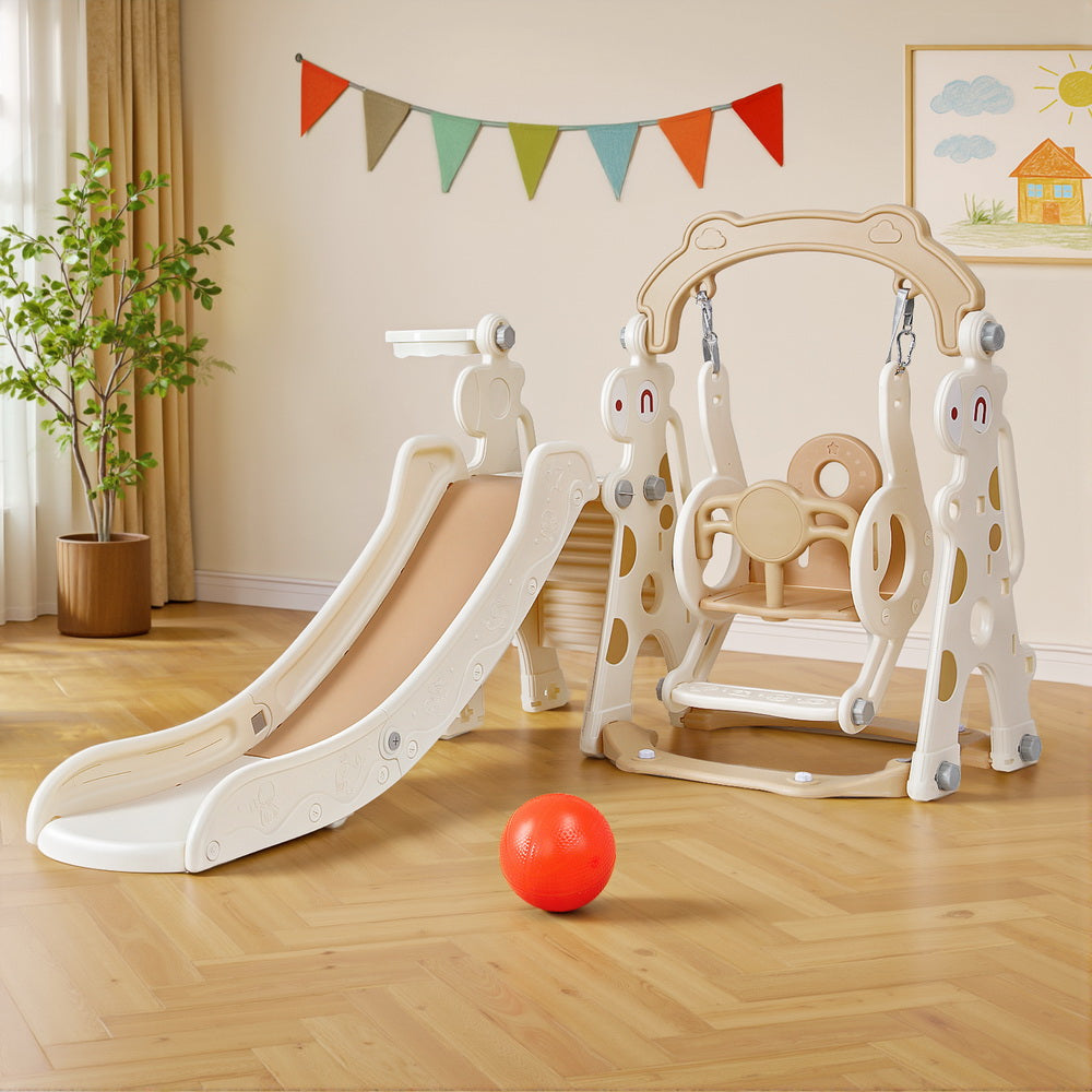 Keezi Kids Slide Swing Set Basketball Hoop Outdoor Playground Toys 160cm Beige 7