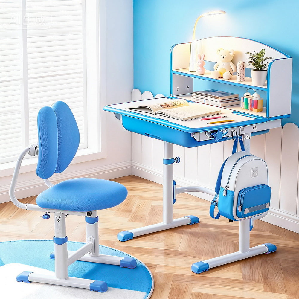Keezi Kids Study Desk Chair Set Adjustable Ergonomic Table LED Lamp Blue 7