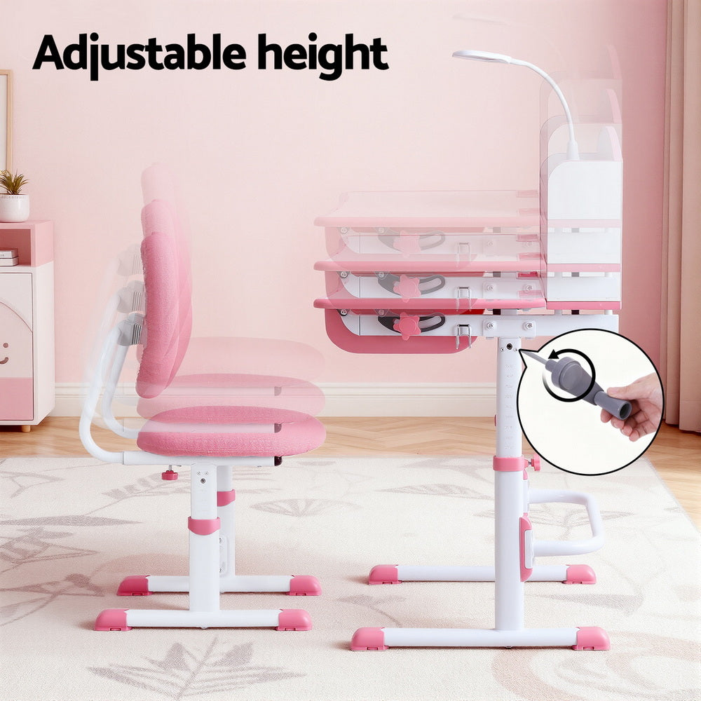 Keezi Kids Study Desk Chair Set Adjustable Ergonomic Table LED Lamp Pink 4