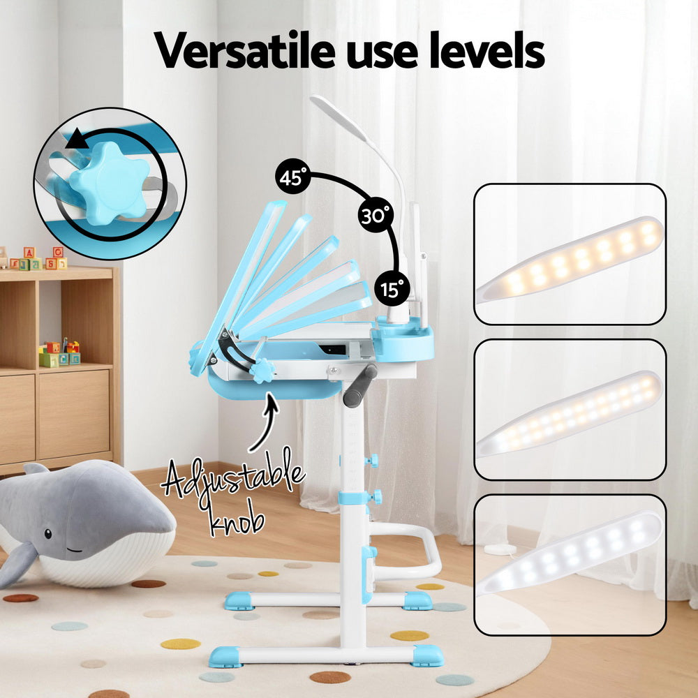Keezi Kids Table and Chair Set Adjustable Study Desk w/ LED Lamp Reading Blue 5