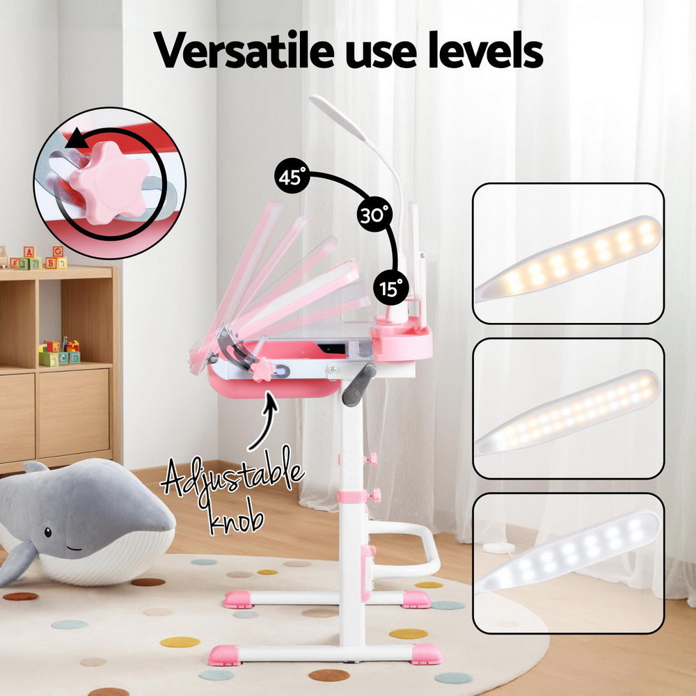 Keezi Kids Table and Chair Set Adjustable Study Desk w/ LED Lamp Reading Pink 5
