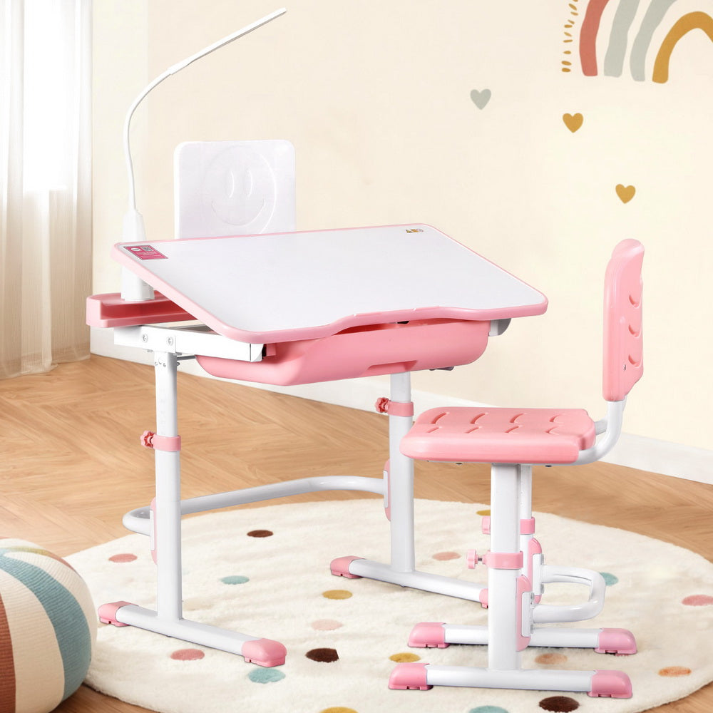 Keezi Kids Table and Chair Set Adjustable Study Desk w/ LED Lamp Reading Pink 7