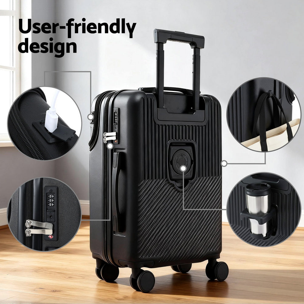 Wanderlite 20" Luggage Suitcase Front Pocket Travel Carry On TSA Black 5