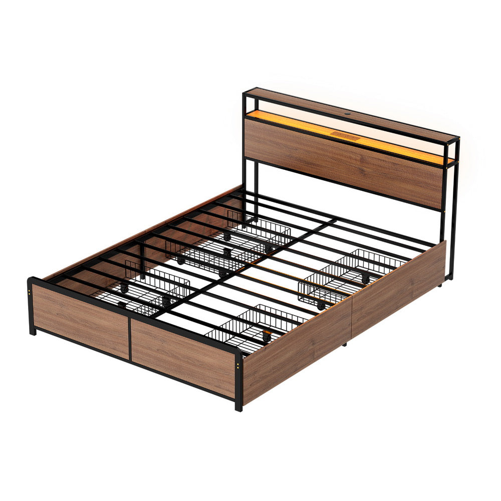 Artiss Metal Bed Frame Double Size with 2-Tier Storage Headboard Metal Platform with 4 Storage Drawers Built in Charging Station & LED Noise-Free/Metal Support/No Box Spring Needed Vintage Brown