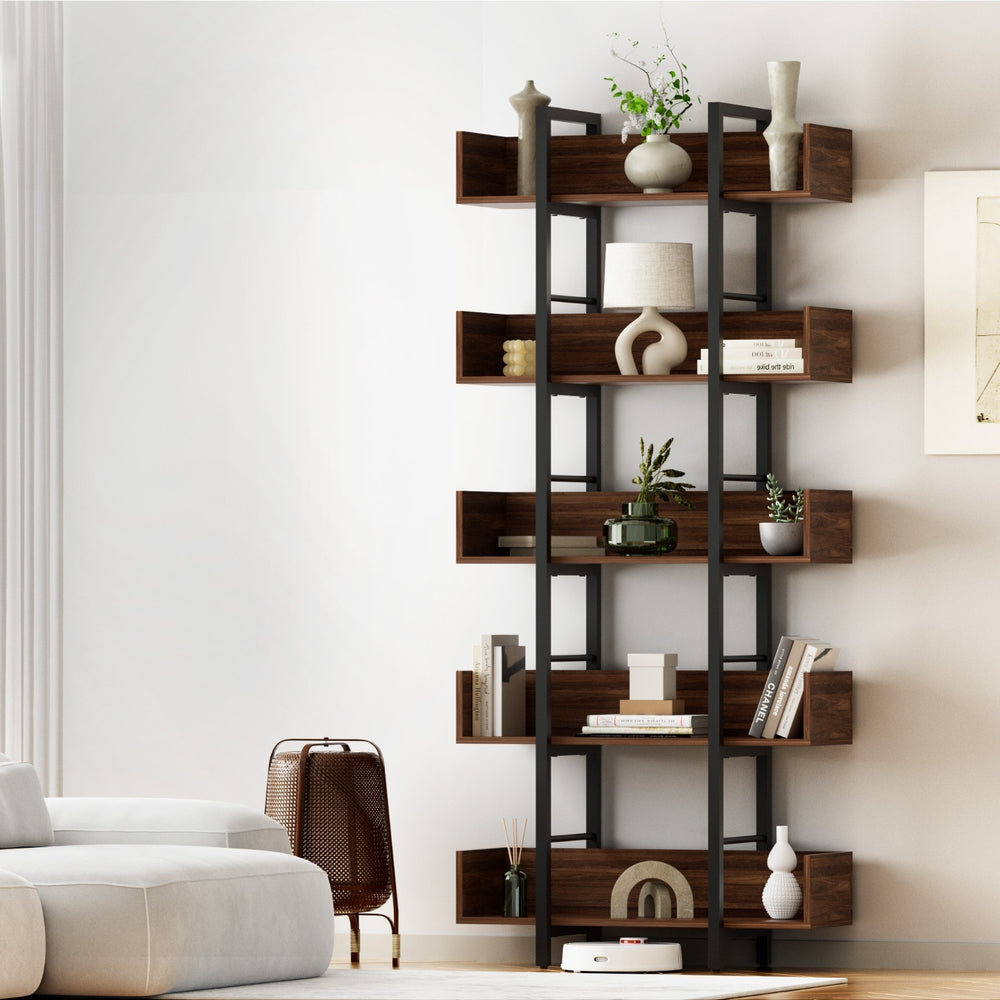 Artiss Bookshelf 5-Tier Bookcase Display Shelves Metal Storage Stand Rack Walnut 8