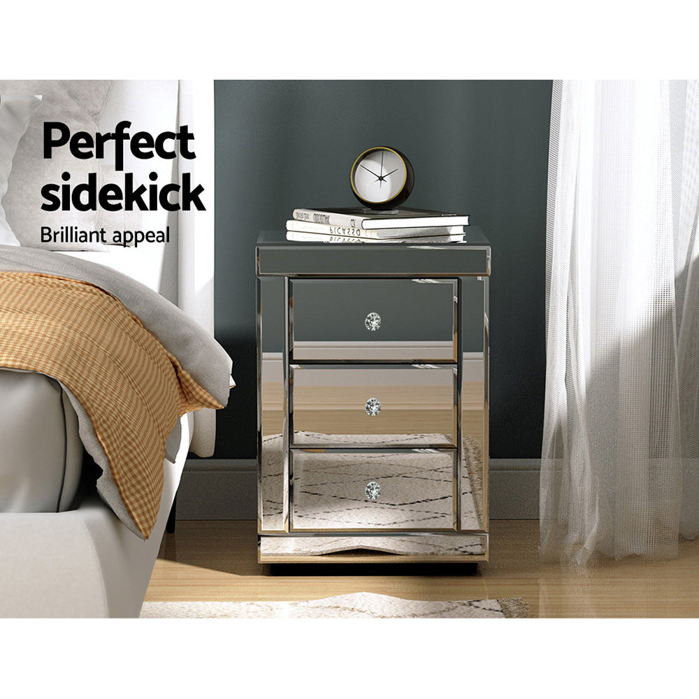 Artiss Bedside Table 3 Drawers Mirrored - PRESIA Silver 4